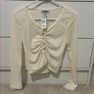 Cream Long Sleeve Ribbed Ruched Blouse